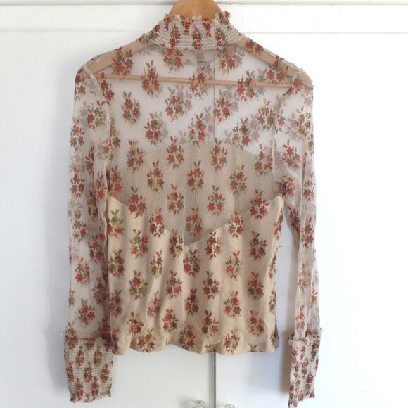 Free People Mesh Layering Top Reversable Floral Permanent Lined Ruched Shirt L - Picture 3 of 7